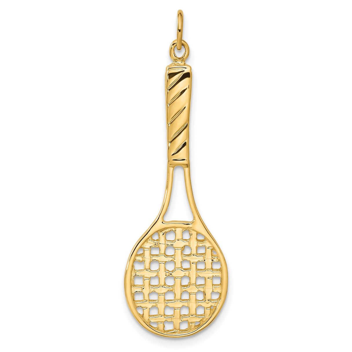 14k Yellow Gold Tennis Racket Pendant Charm with Detailed String Pattern and Grip Design