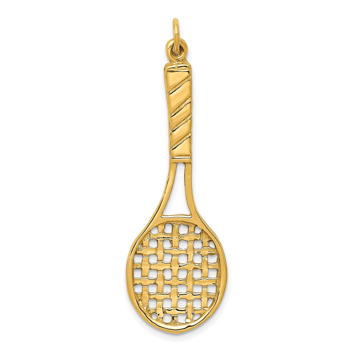 14k Yellow Gold Tennis Racket Pendant Charm with Detailed String Pattern and Grip Design