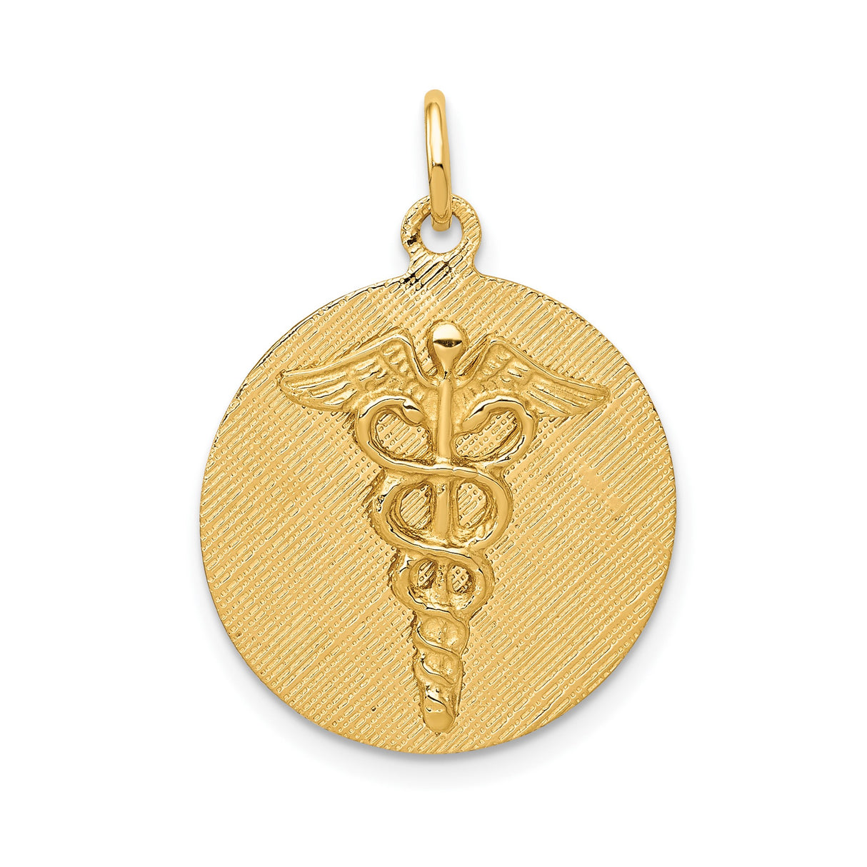 14k Yellow Gold Caduceus Pendant, Round Disc Medical Symbol with Winged Staff and Snakes