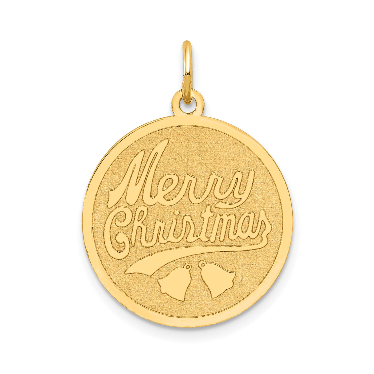 14k Yellow Gold Round Pendant with Merry Christmas Engraving and Holiday Bells
