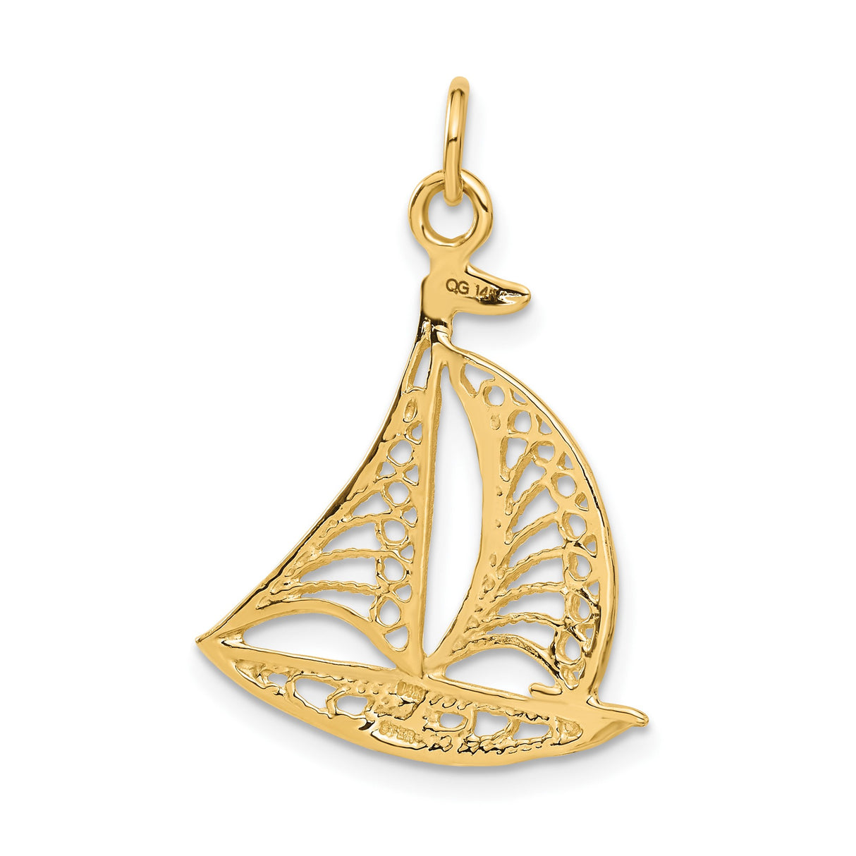14k Yellow Gold Sailboat Pendant with Openwork Filigree Design, Nautical Coastal Theme