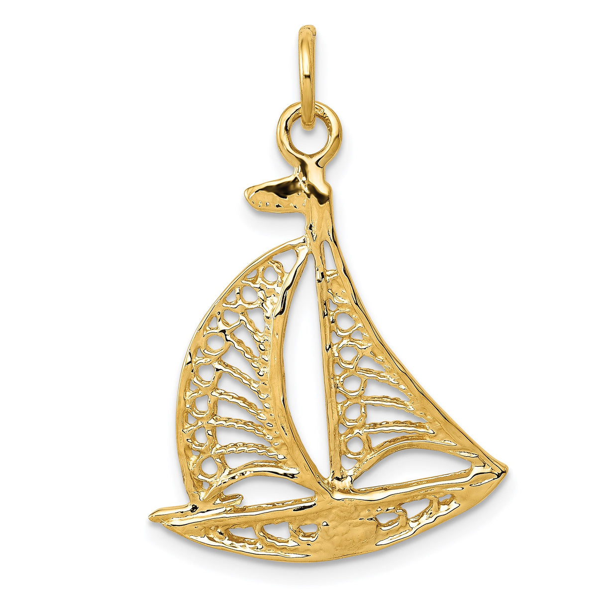 14k Yellow Gold Sailboat Pendant with Openwork Filigree Design, Nautical Coastal Theme