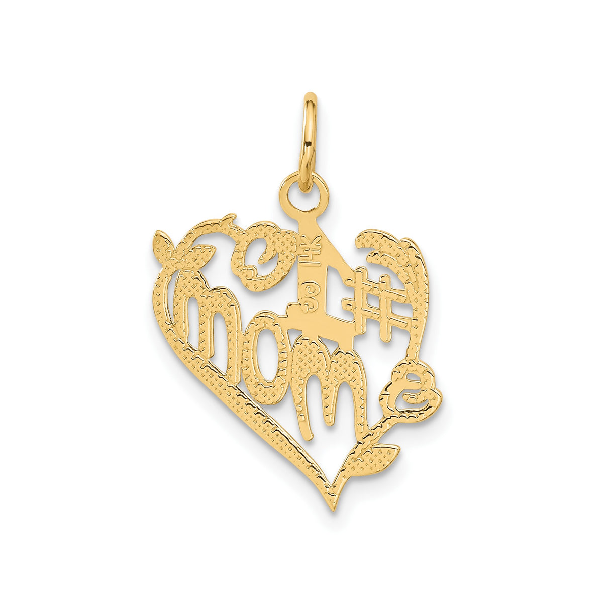 14k Yellow Gold Heart Pendant with #1 Mom Text, Floral and Vine Accents