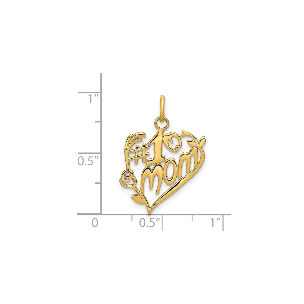 14k Yellow Gold Heart Pendant with #1 Mom Text, Floral and Vine Accents