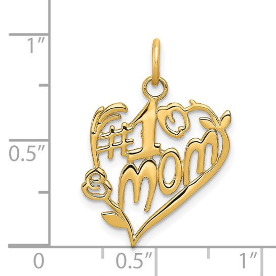 14k Yellow Gold Heart Pendant with #1 Mom Text, Floral and Vine Accents