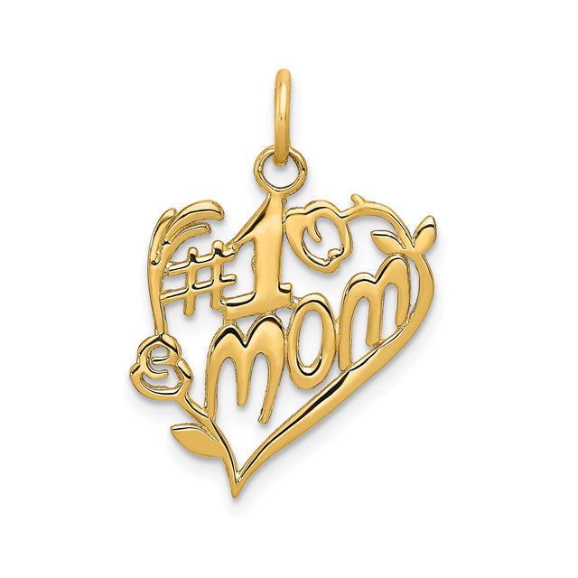 14k Yellow Gold Heart Pendant with #1 Mom Text, Floral and Vine Accents