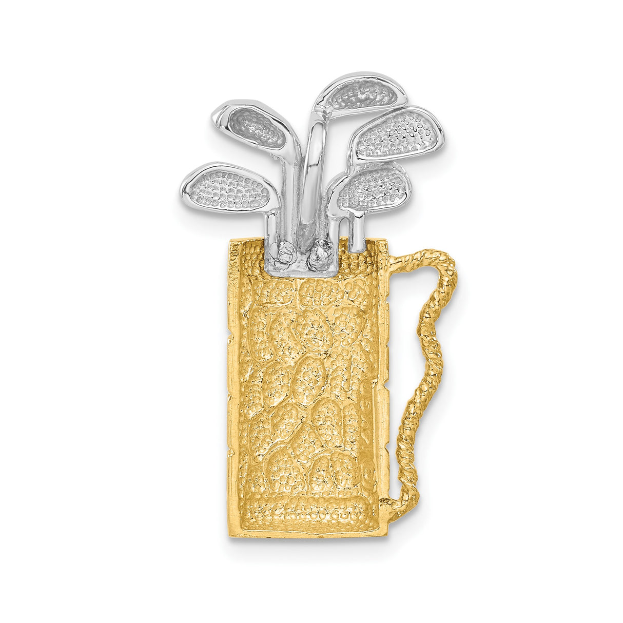 14k Two-Tone Gold Golf Bag Pendant with Clubs, Textured Sports Jewelry for Golfers