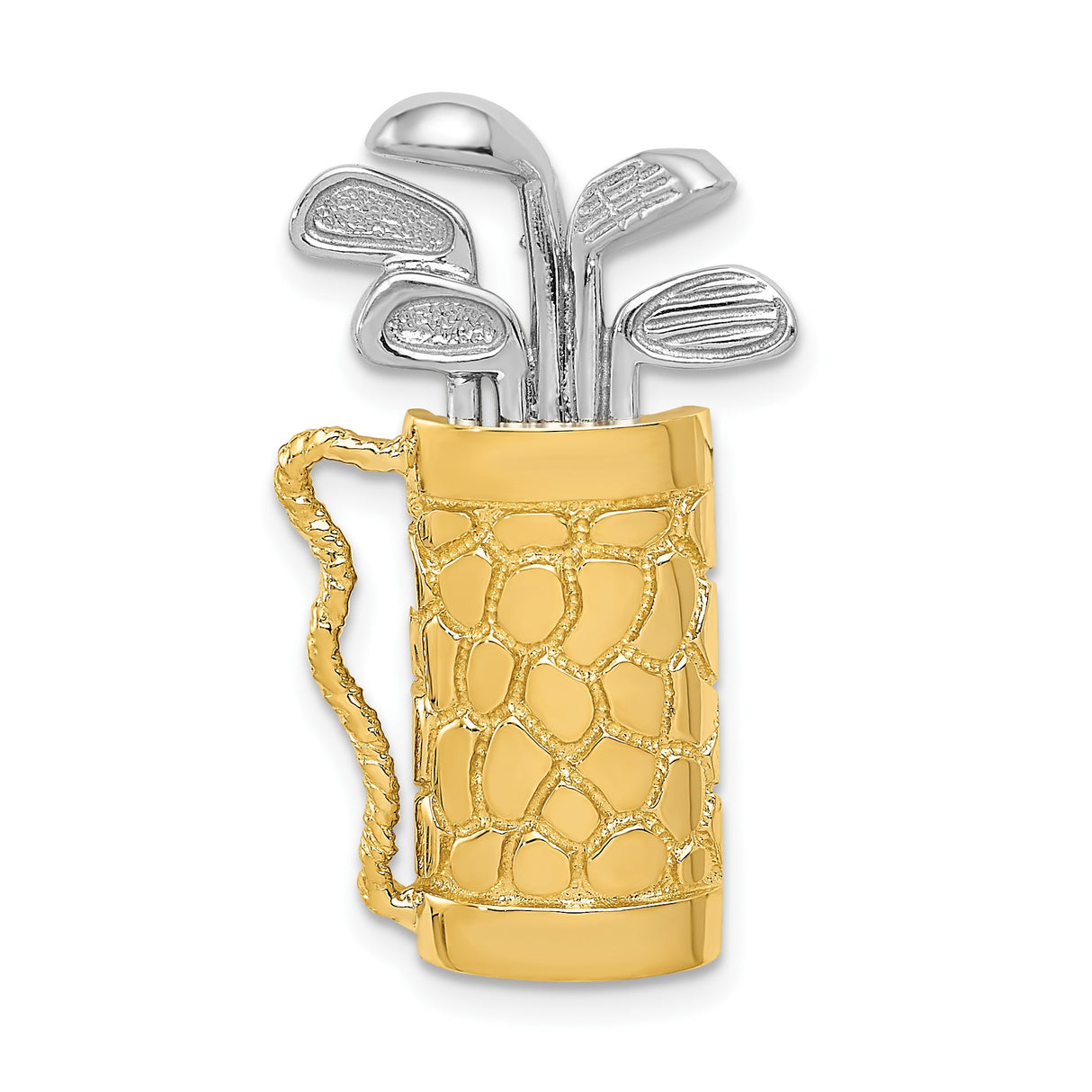 14k Two-Tone Gold Golf Bag Pendant with Clubs, Textured Sports Jewelry for Golfers