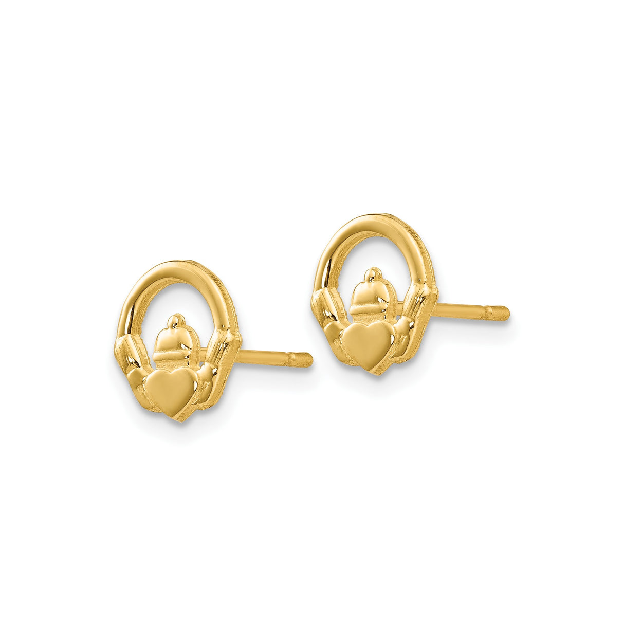 14k Yellow Gold Claddagh Stud Earrings with Heart, Crown and Hands Celtic Design for Women
