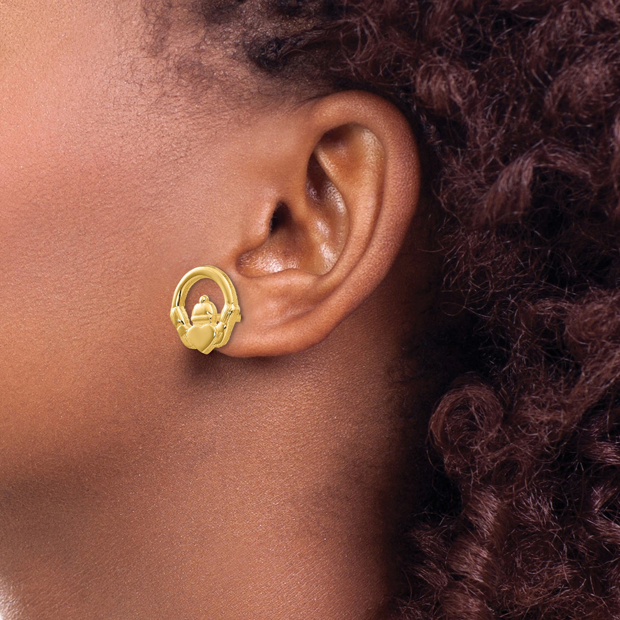 14k Yellow Gold Claddagh Stud Earrings with Heart, Crown and Hands Celtic Design for Women