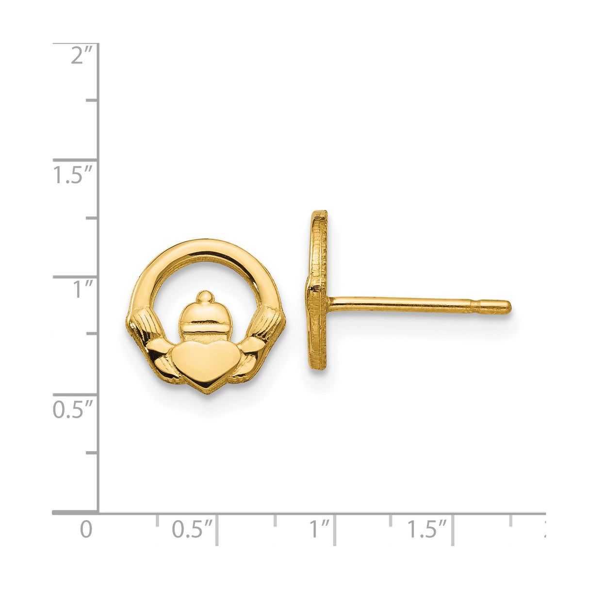 14k Yellow Gold Claddagh Stud Earrings with Heart, Crown and Hands Celtic Design for Women