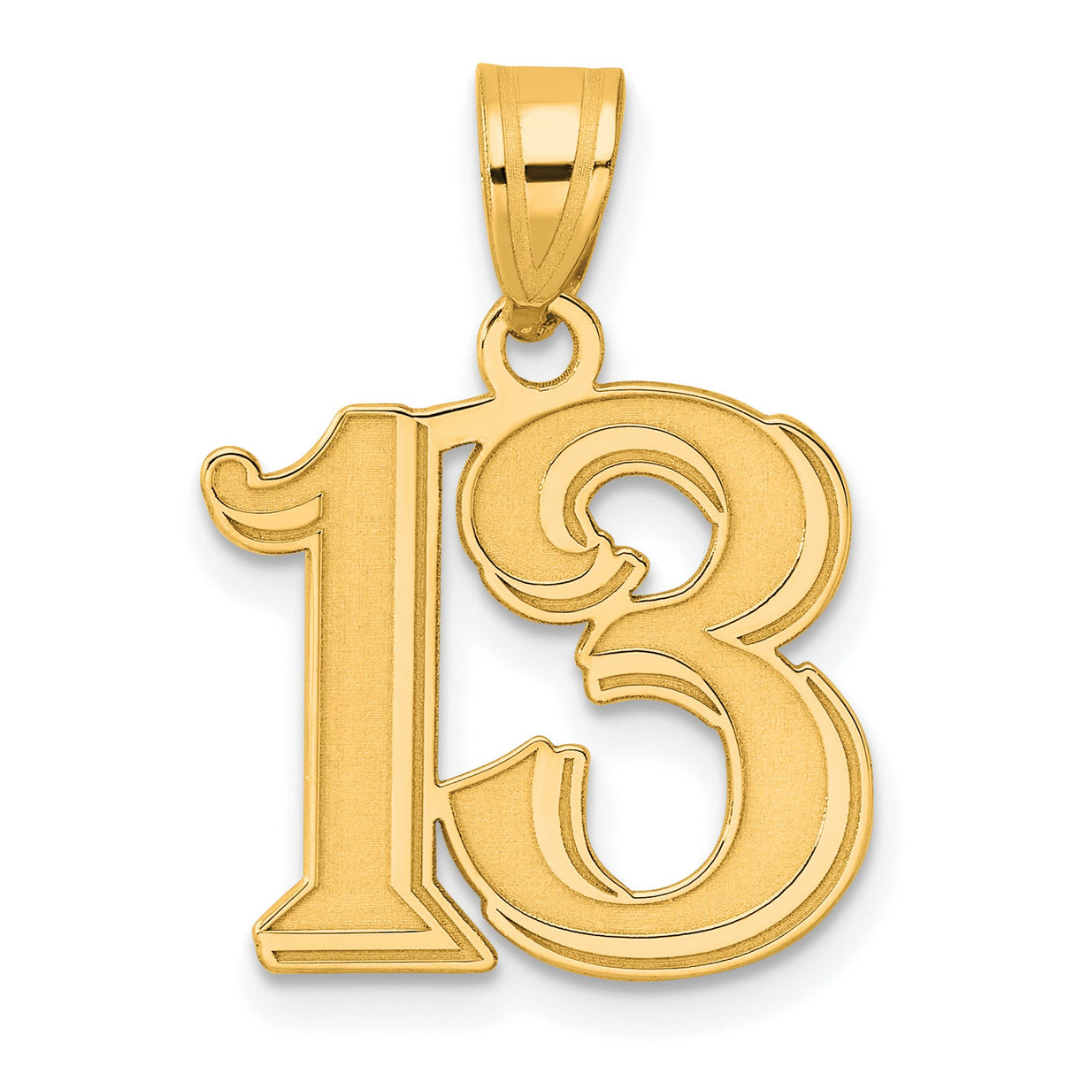 Polished Etched Number 13 Charm Pendant in Real 14k Yellow Gold