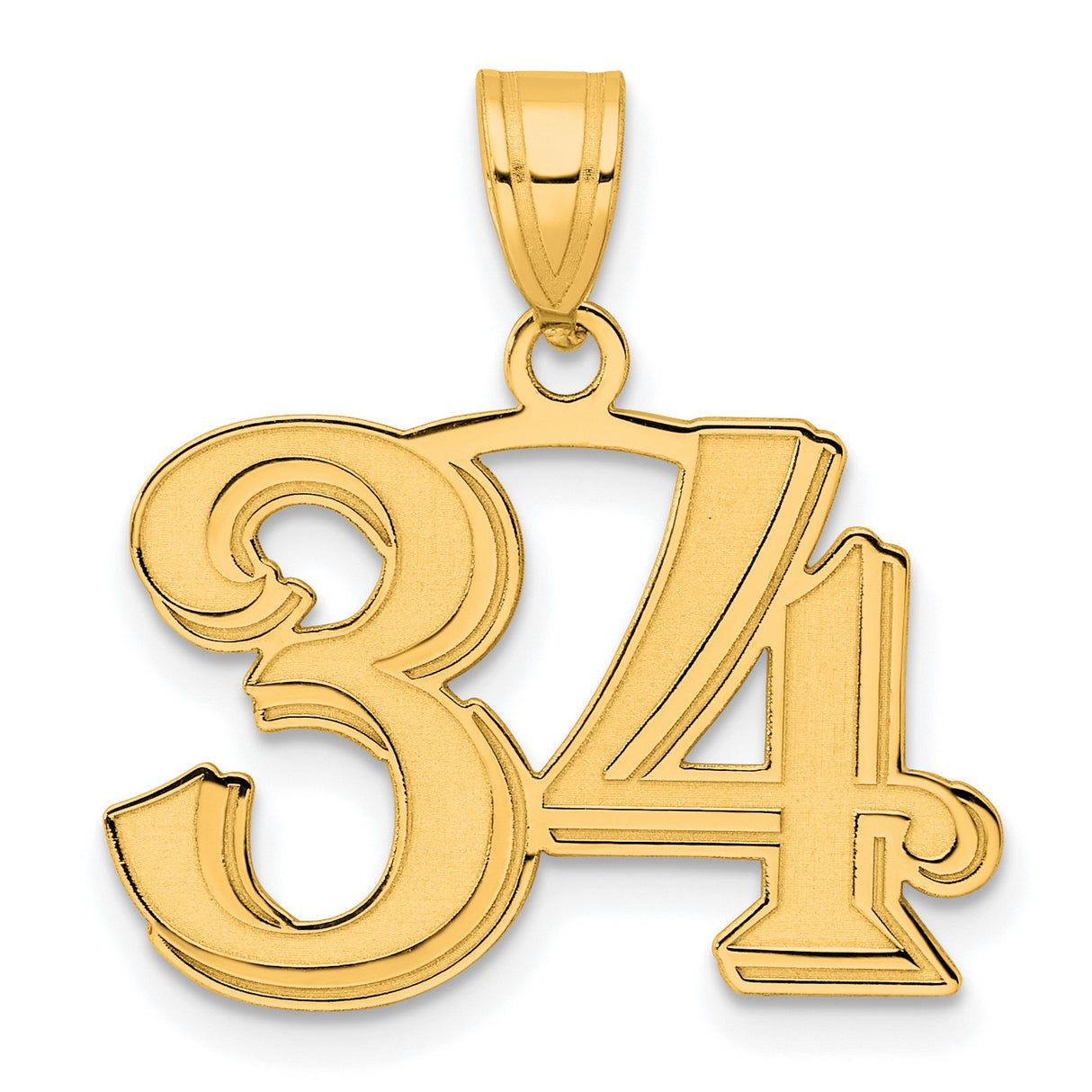 Polished Etched Number 34 Charm Pendant in Real 14k Yellow Gold