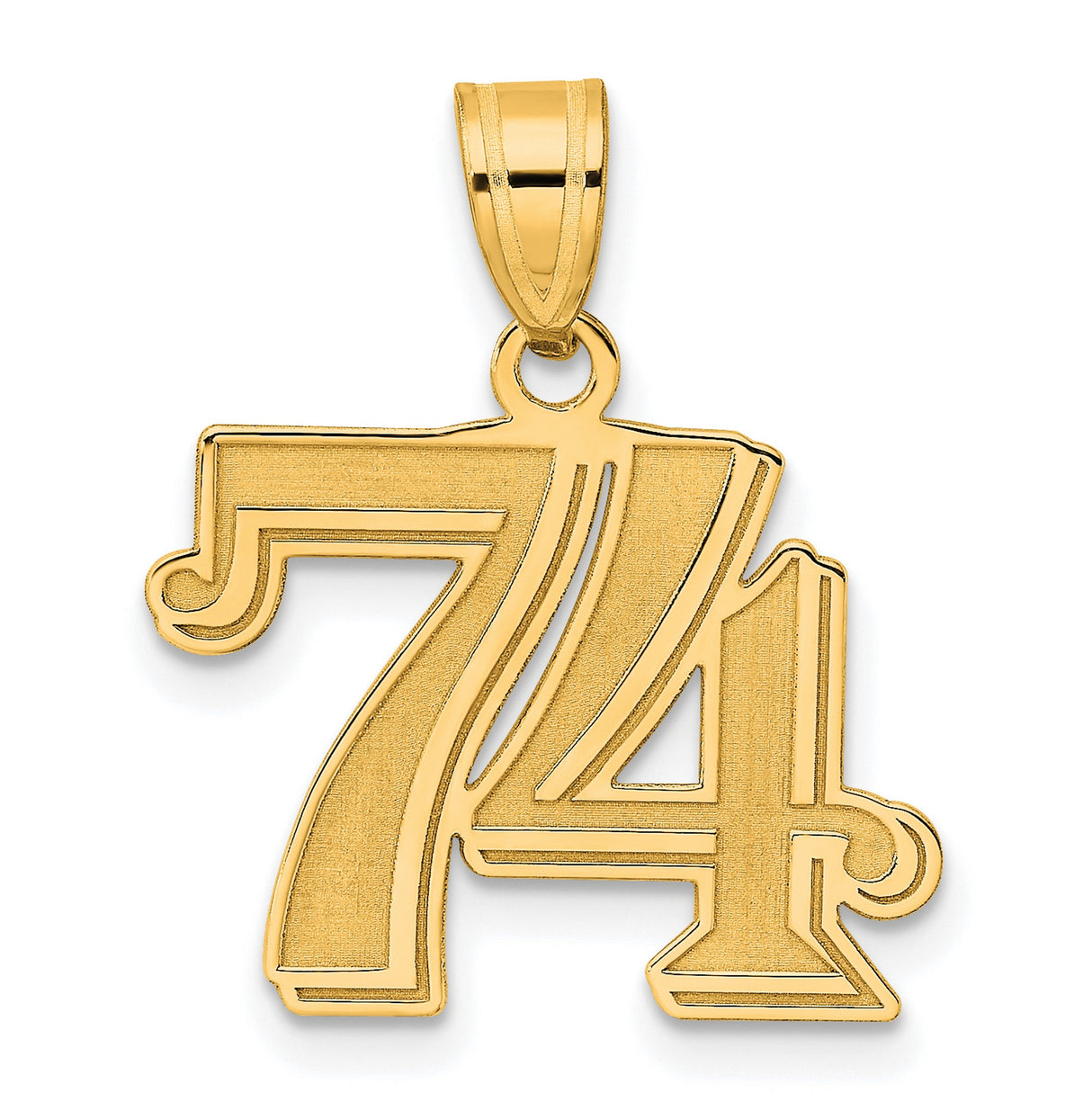 Polished Etched Number 74 Charm Pendant in Real 14k Yellow Gold
