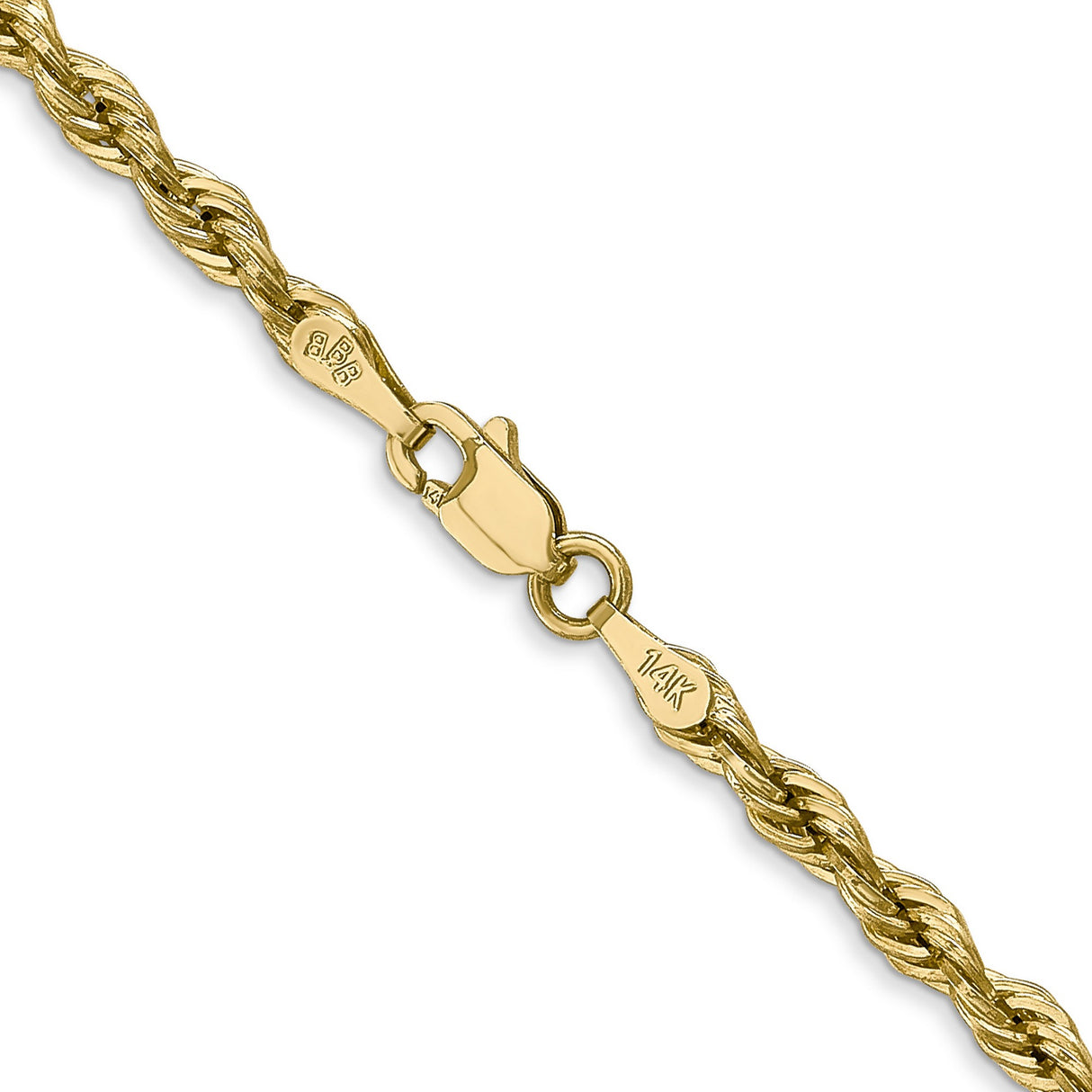 14K Yellow Gold 3 mm Rope Chain Necklace, Polished alternate angle
