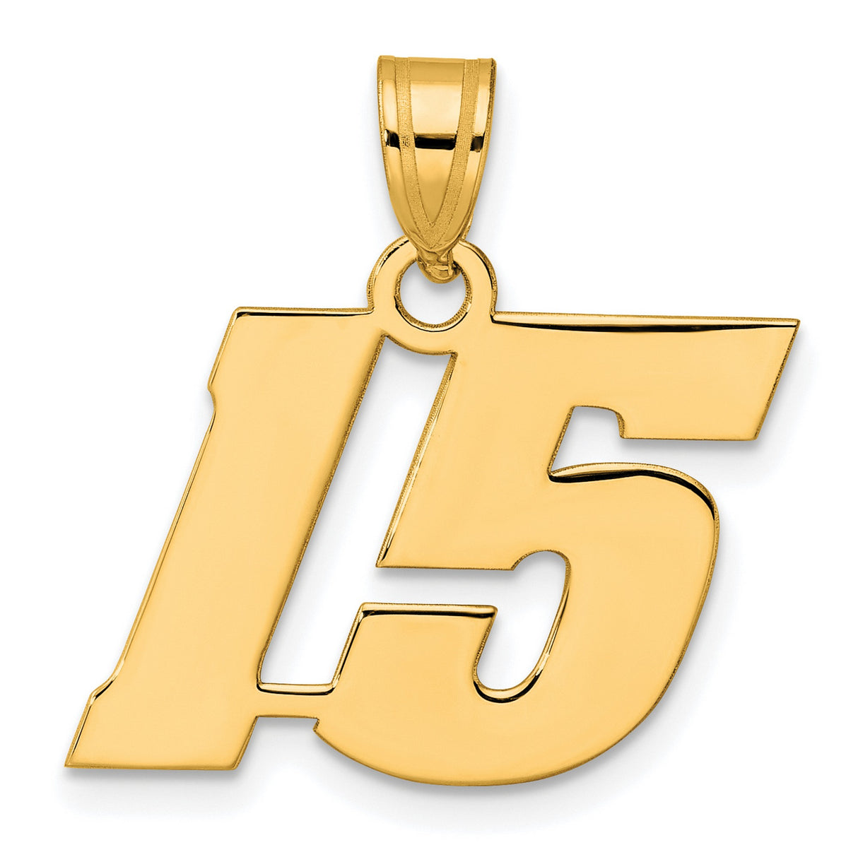 14k Yellow Gold Number 15 Pendant, Bold Block Style Unisex Charm for Quinceañera or Birthday
