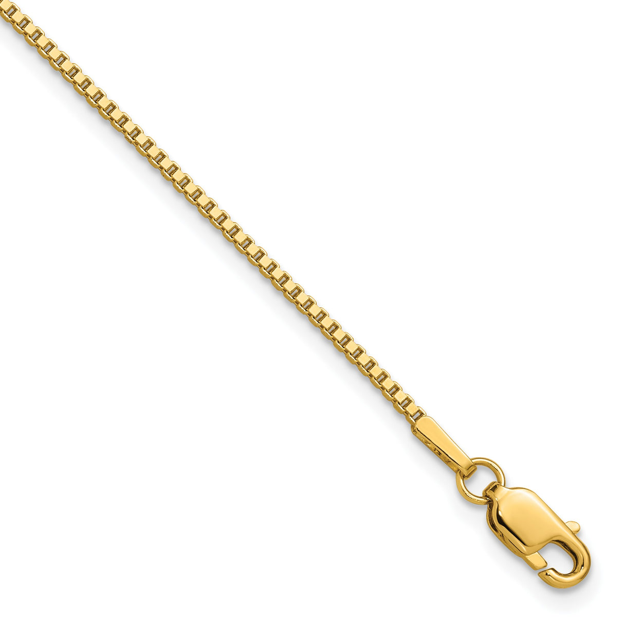 14K Yellow Gold 1.3 mm Box Chain Anklet, Polished detail view