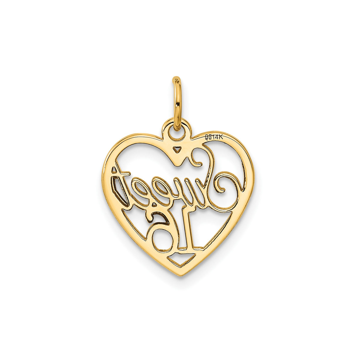 14k Yellow Gold Heart Shaped Sweet Sixteen Pendant, Scripted Milestone Charm for Teen Girls