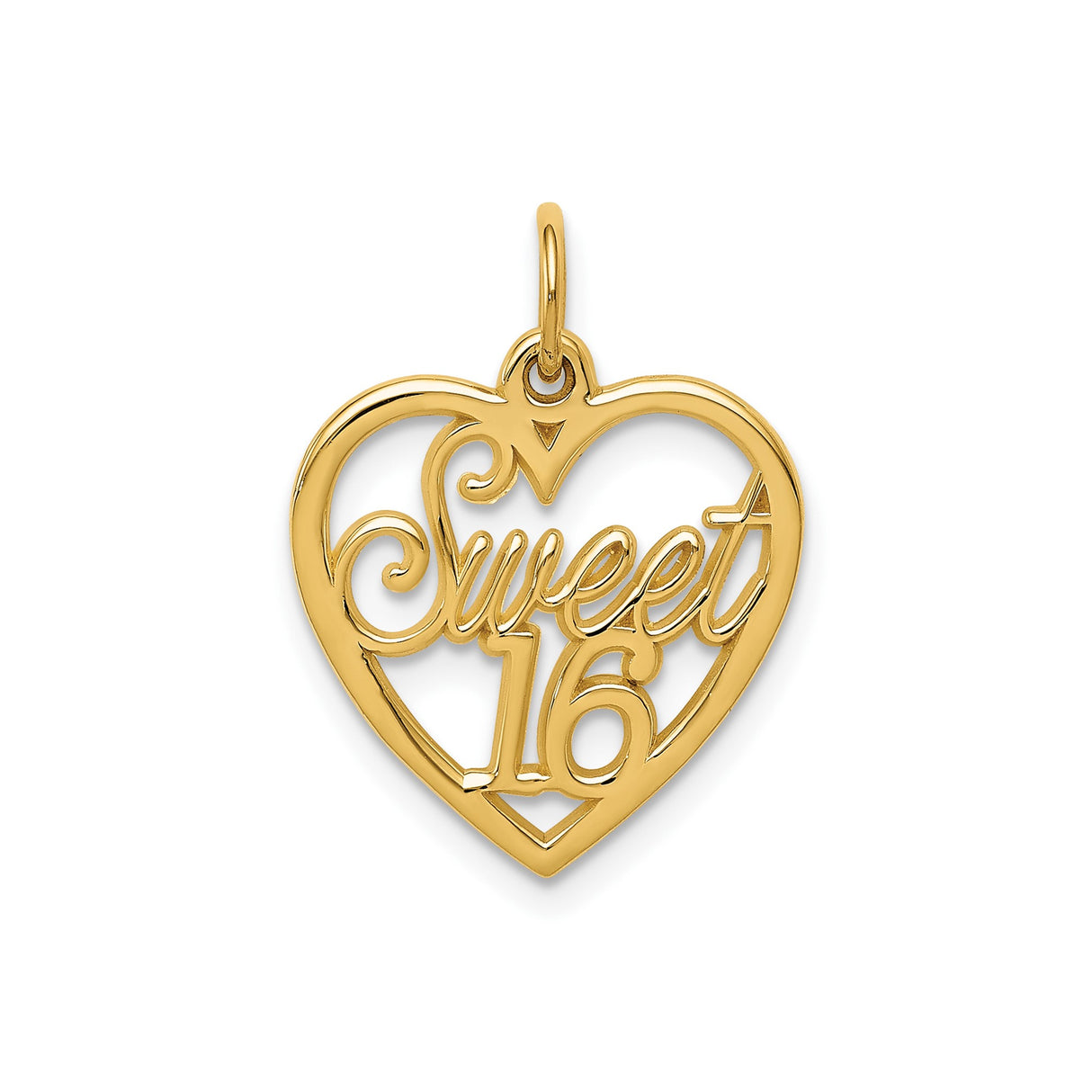 14k Yellow Gold Heart Shaped Sweet Sixteen Pendant, Scripted Milestone Charm for Teen Girls
