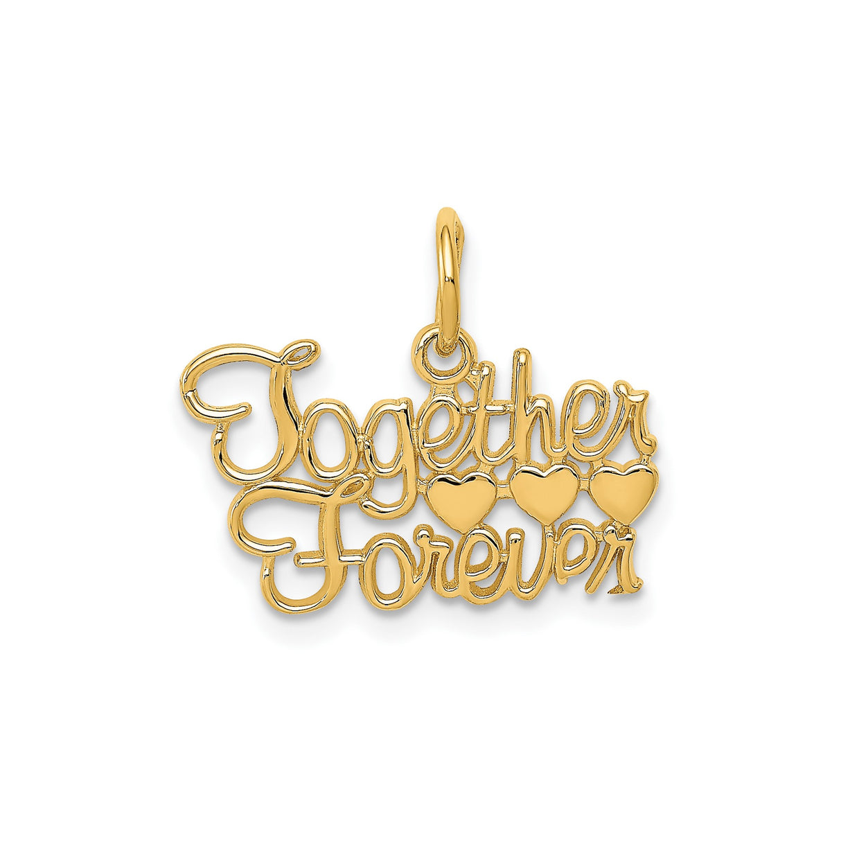 14k Yellow Gold Pendant with Three Heart Design, Together Forever Script, Romantic Love Charm
