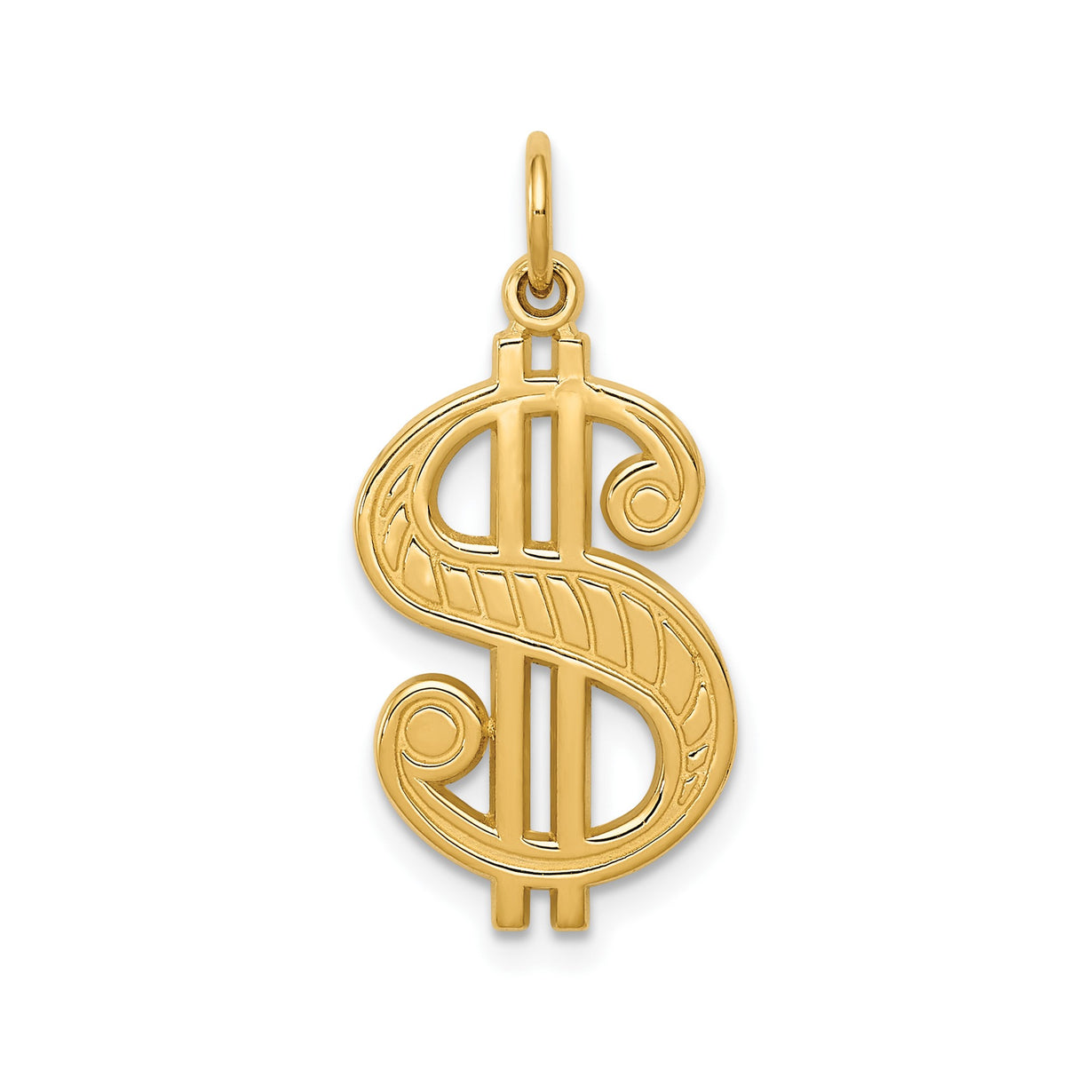 14k Yellow Gold Dollar Sign Pendant, Carved Money Symbol Charm, Hip Hop Style