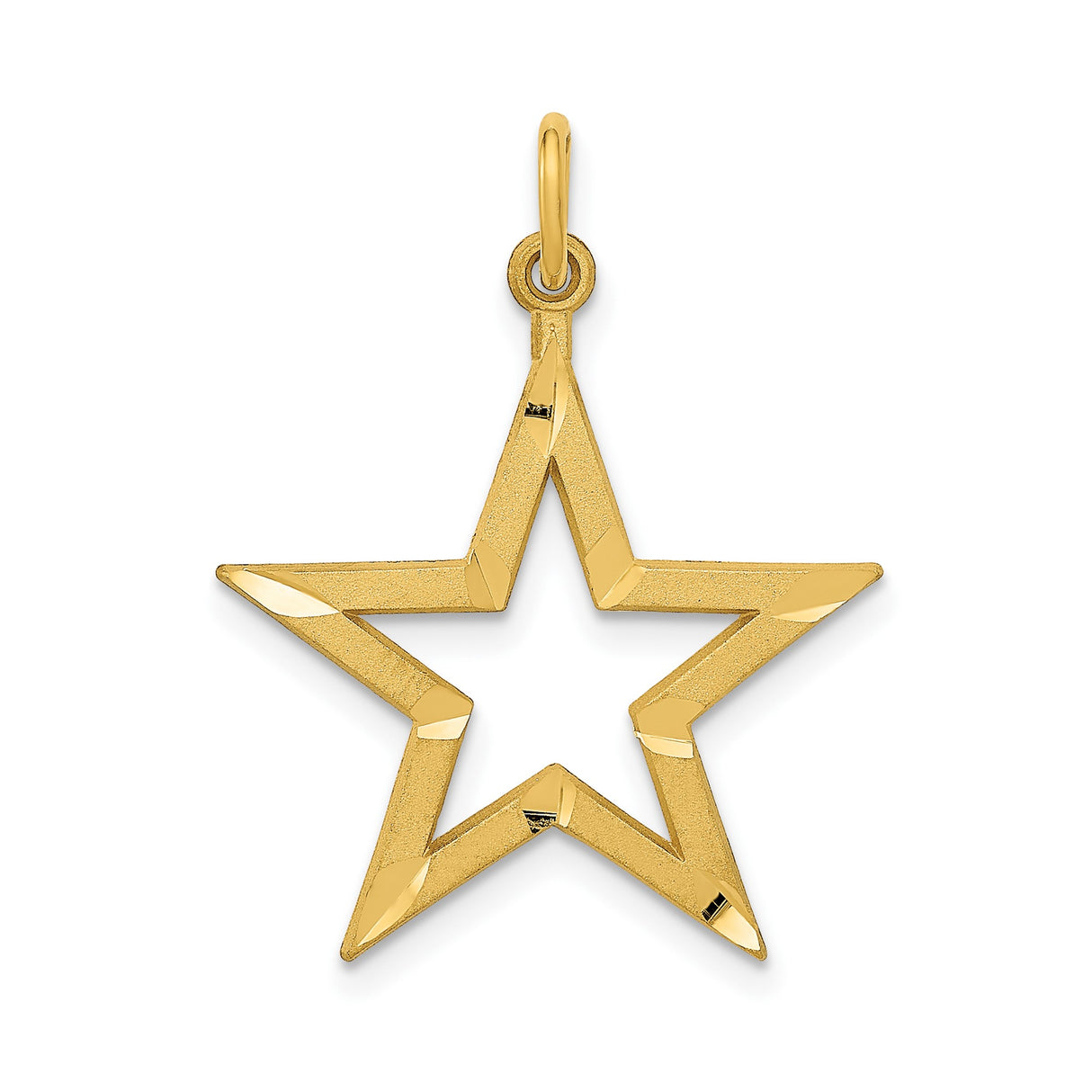 14k Yellow Gold Open Star Pendant, Textured and Polished Five-Point Design Charm