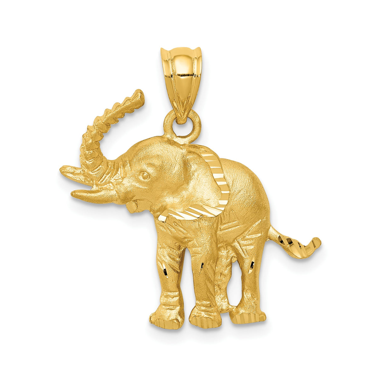 14k Yellow Gold Elephant Pendant, Raised Trunk Symbol of Strength and Wisdom, Unisex Totem Charm