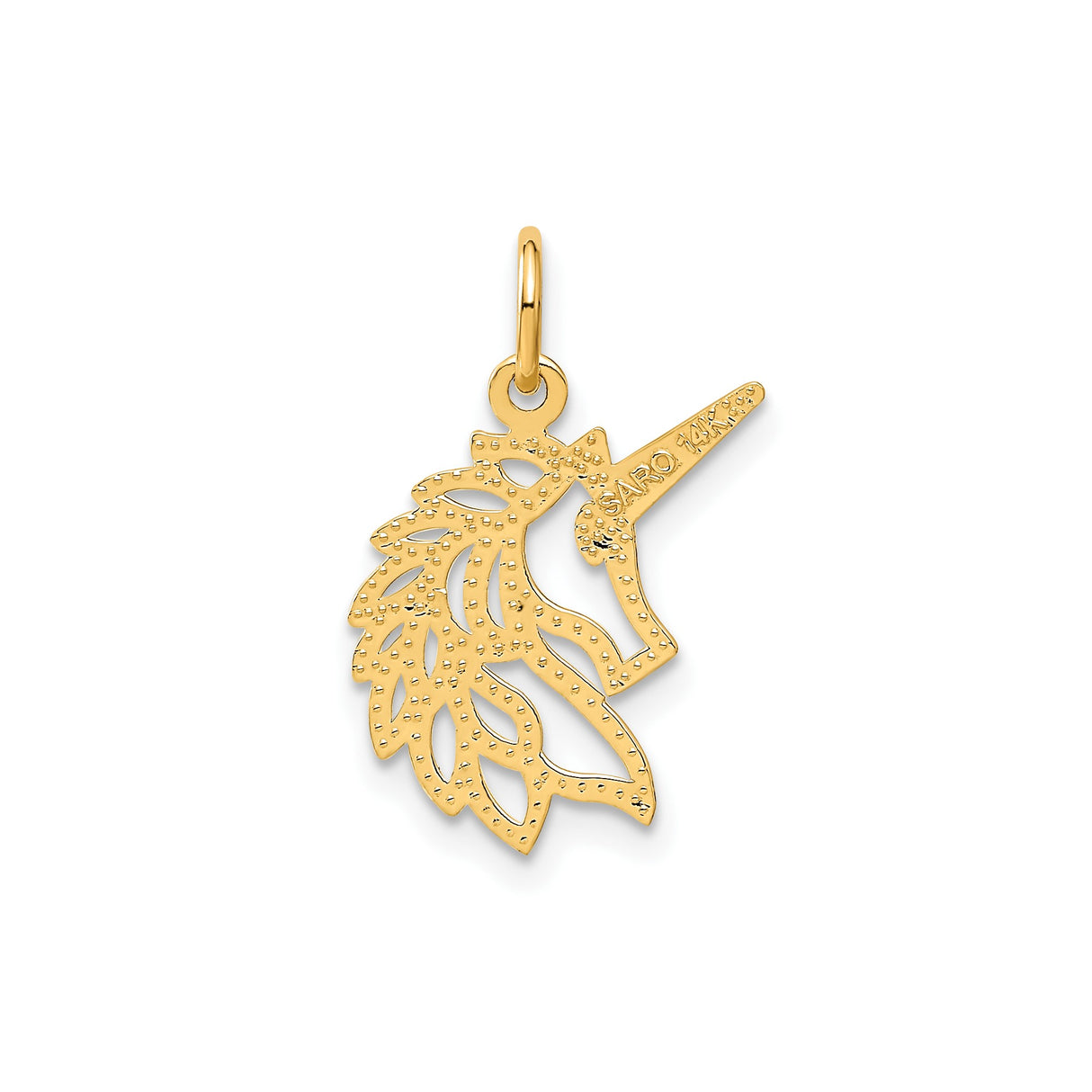 14k Yellow Gold Unicorn Head Pendant, Cutout Silhouette with Polished and Textured Details
