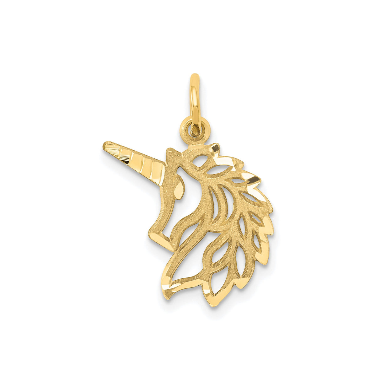 14k Yellow Gold Unicorn Head Pendant, Cutout Silhouette with Polished and Textured Details