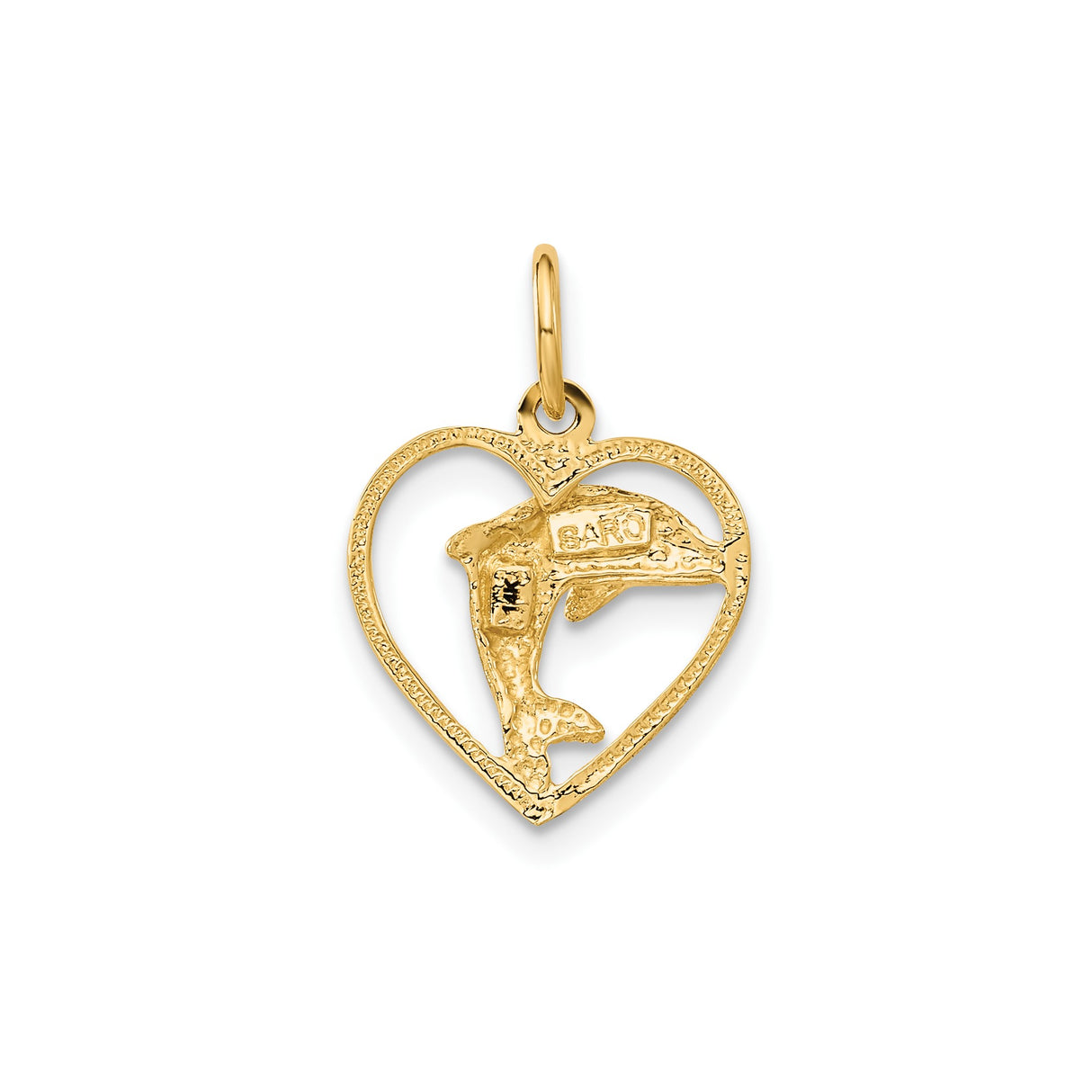 14k Yellow Gold Dolphin Heart Pendant with Open Heart Frame, Nautical Marine Charm for Women