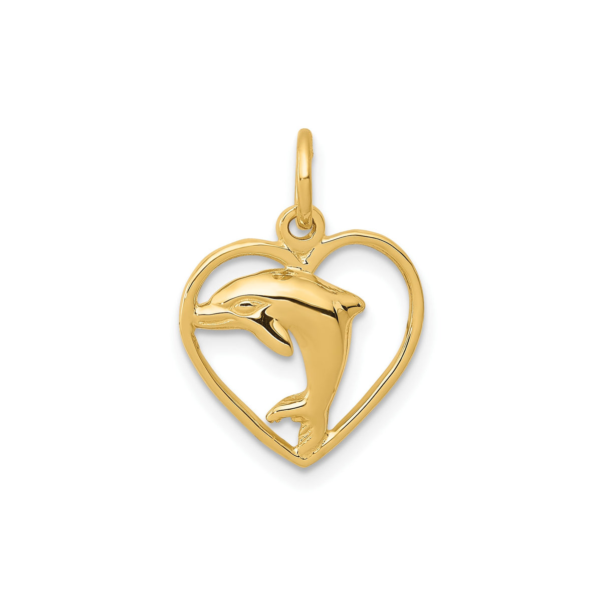 14k Yellow Gold Dolphin Heart Pendant with Open Heart Frame, Nautical Marine Charm for Women