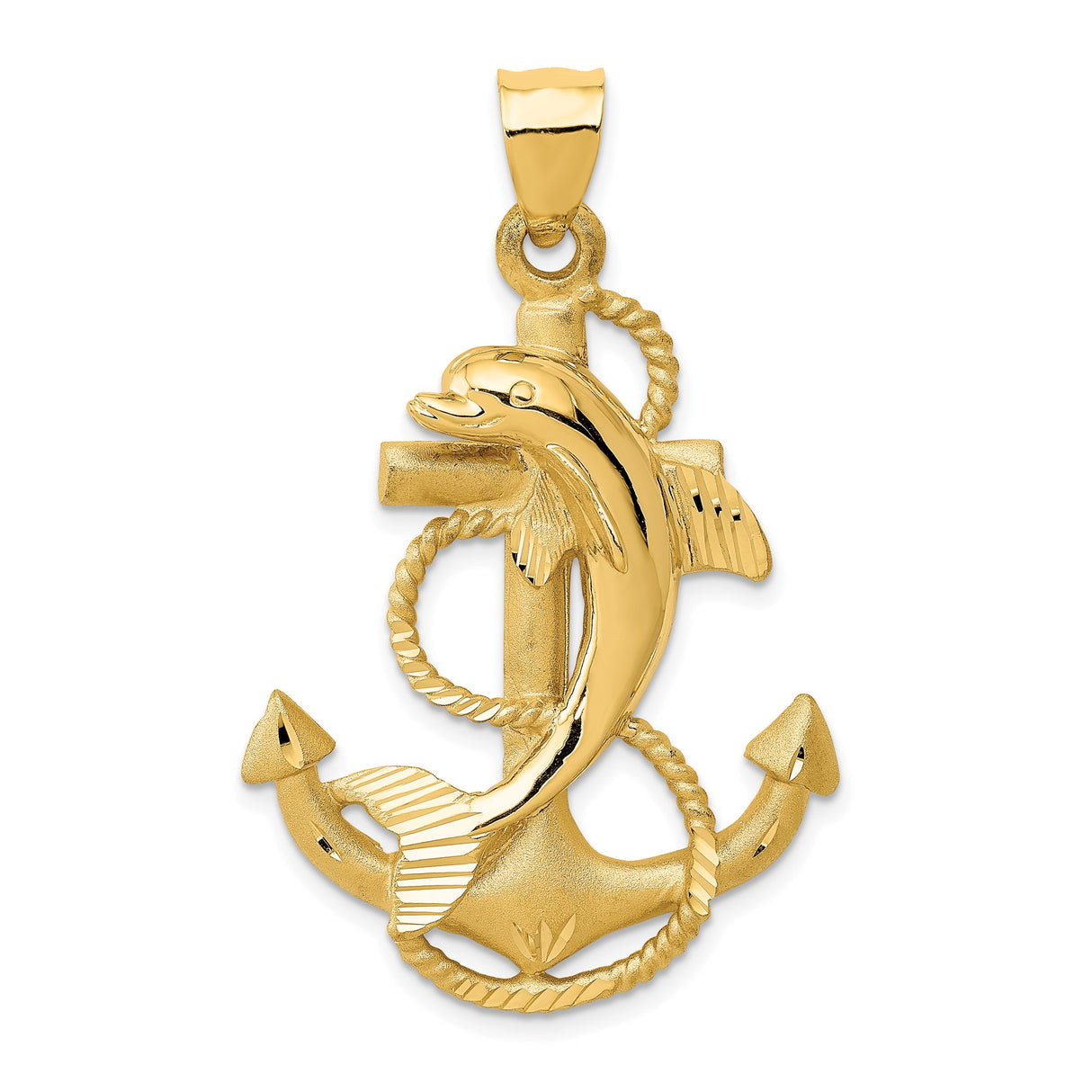 14k Yellow Gold Nautical Pendant with Dolphin and Anchor, Marine Life Ocean Charm