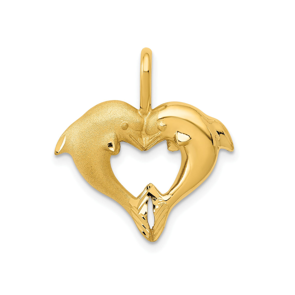 14k Yellow Gold Dolphin Heart Pendant, Two Dolphins Forming Heart Shape, Sea-Life Love Jewelry