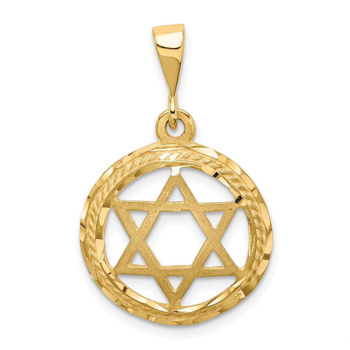 14k Yellow Gold Star of David Pendant with Textured Circular Openwork Frame