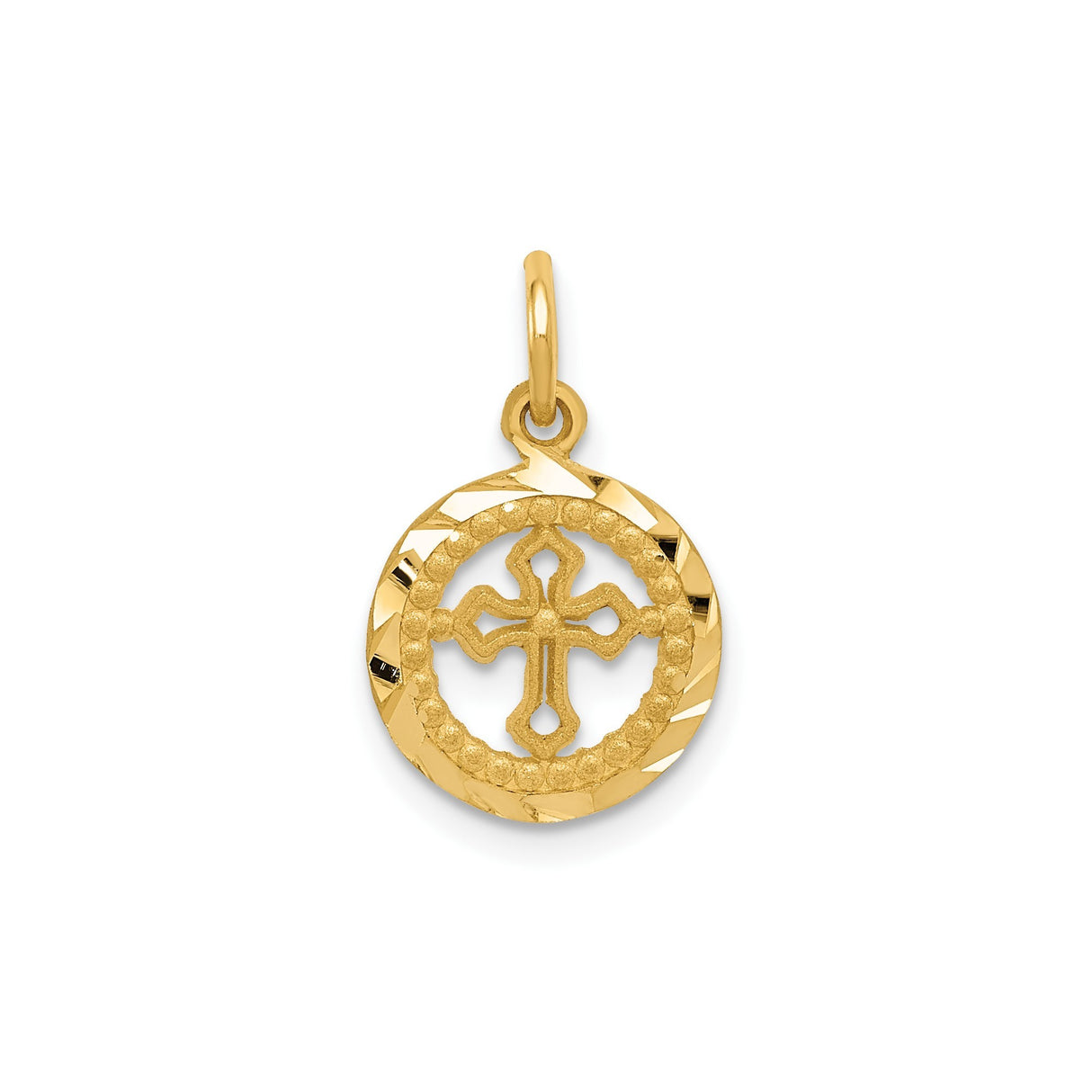 14k Yellow Gold Cross Pendant with Crucifix and Eternal Life Symbol, Textured Vintage Design