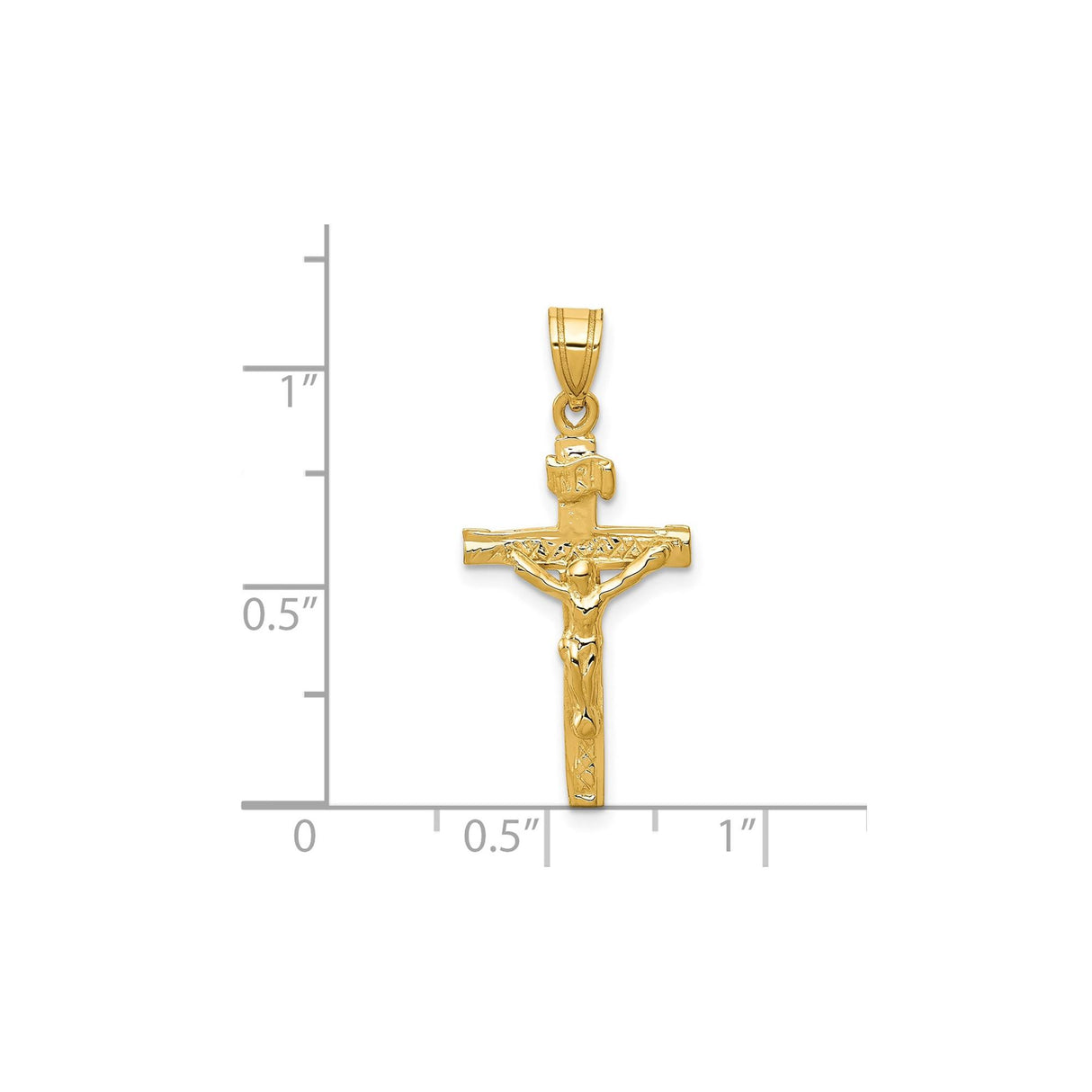 14k Yellow Gold Crucifix Cross Pendant with INRI and Beveled Edge Christian Religious Charm