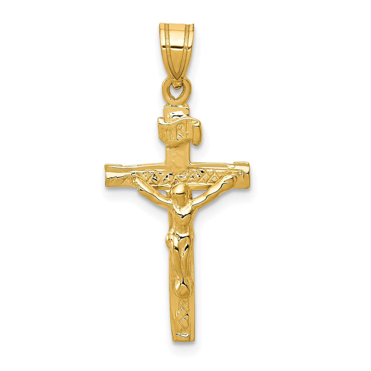 14k Yellow Gold Crucifix Cross Pendant with INRI and Beveled Edge Christian Religious Charm