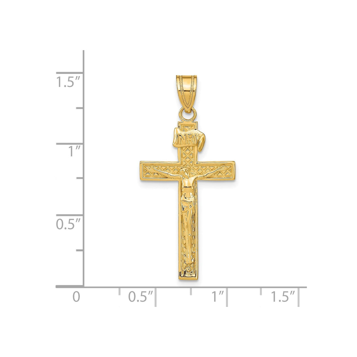 14k Yellow Gold Crucifix Pendant with INRI Jesus Figure, Latin Cross Christian Jewelry