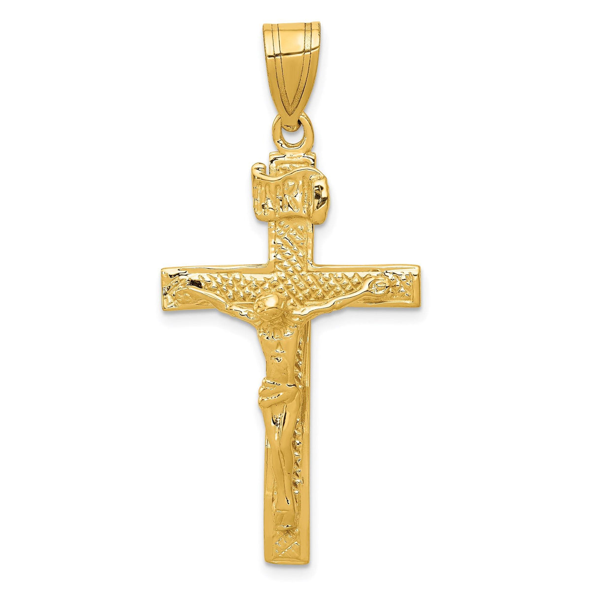 14k Yellow Gold Latin INRI Crucifix Pendant, Christian Cross Religious Jewelry for Men and Women