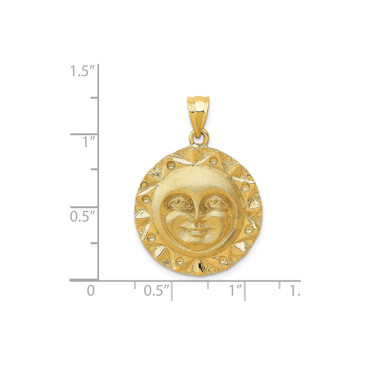 14k Yellow Gold Sun Face Pendant with Radiant Border, Celestial Sunburst Medallion Charm