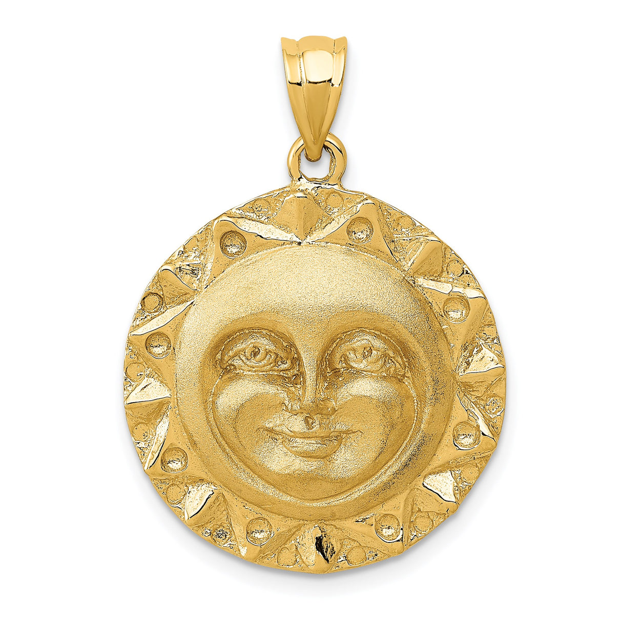 14k Yellow Gold Sun Face Pendant with Radiant Border, Celestial Sunburst Medallion Charm