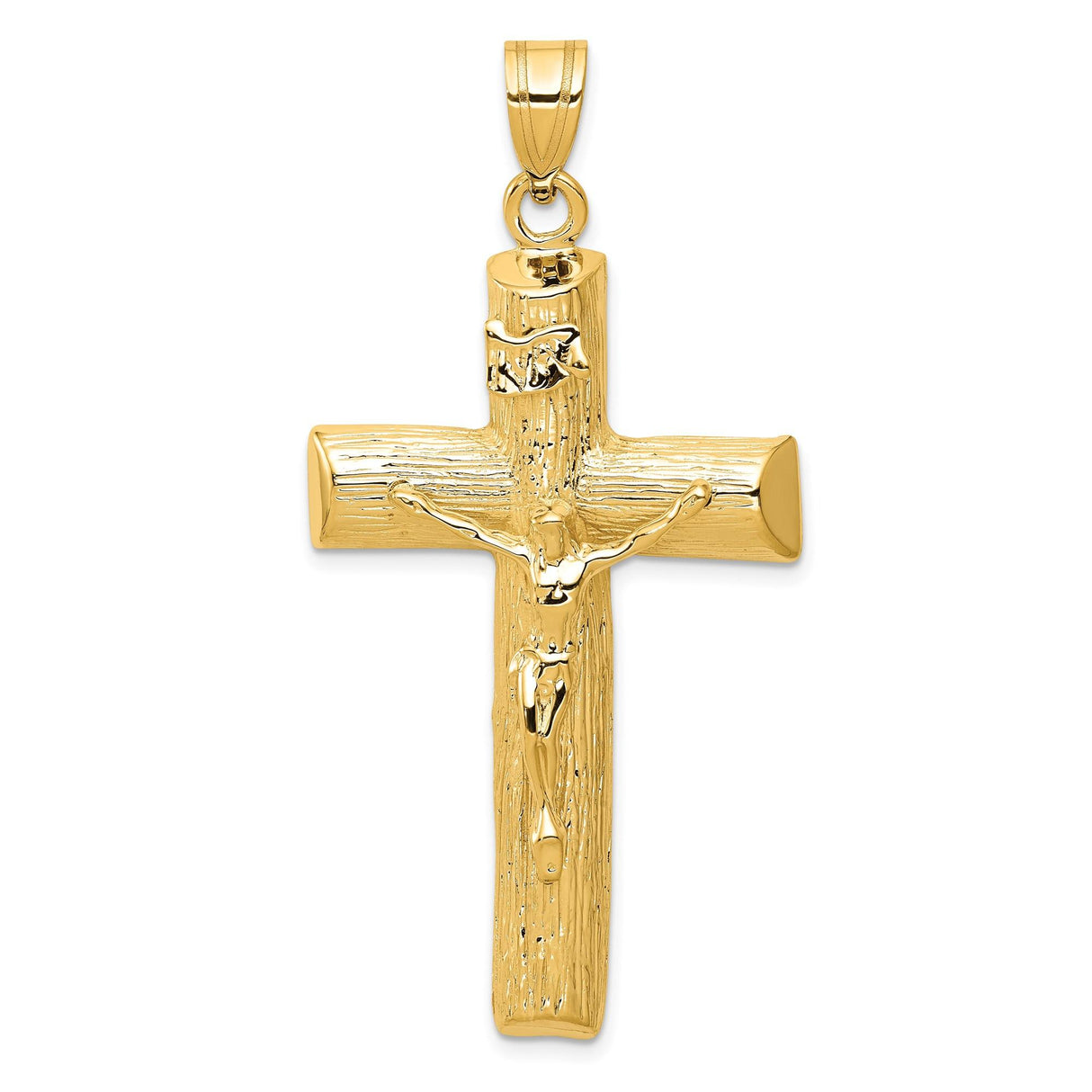 14k Yellow Gold Crucifix Pendant with Jesus on Cross and INRI Inscription Religious Charm