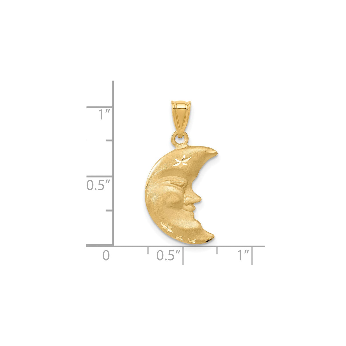 14k Yellow Gold Crescent Moon Face Pendant with Stars, Celestial Lunar Charm for Women or Unisex Wear