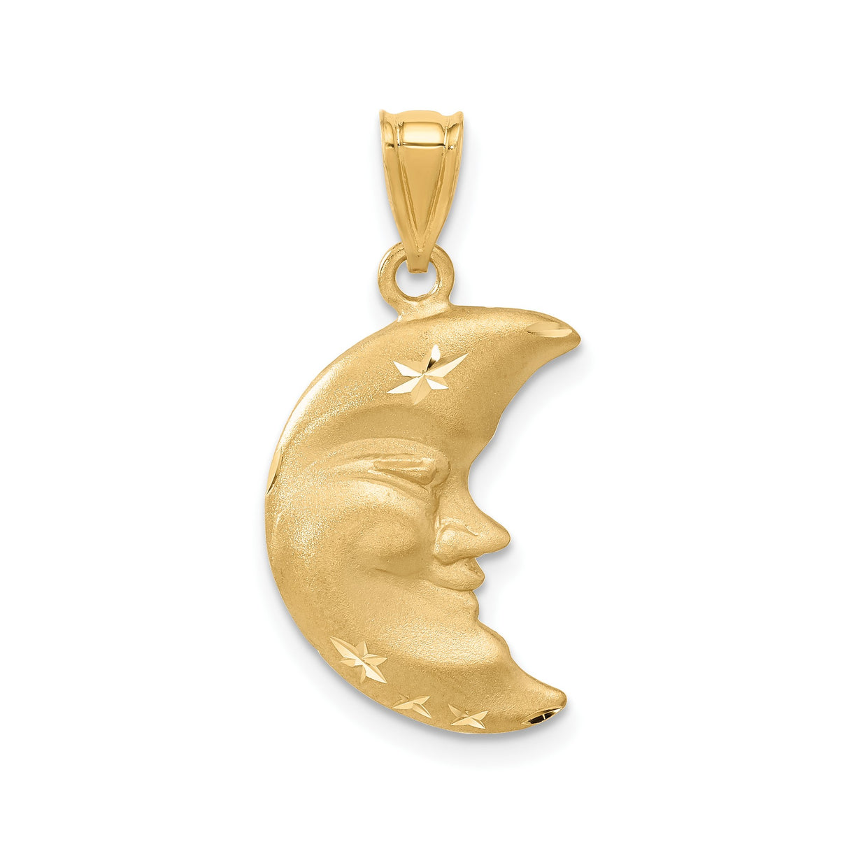14k Yellow Gold Crescent Moon Face Pendant with Stars, Celestial Lunar Charm for Women or Unisex Wear