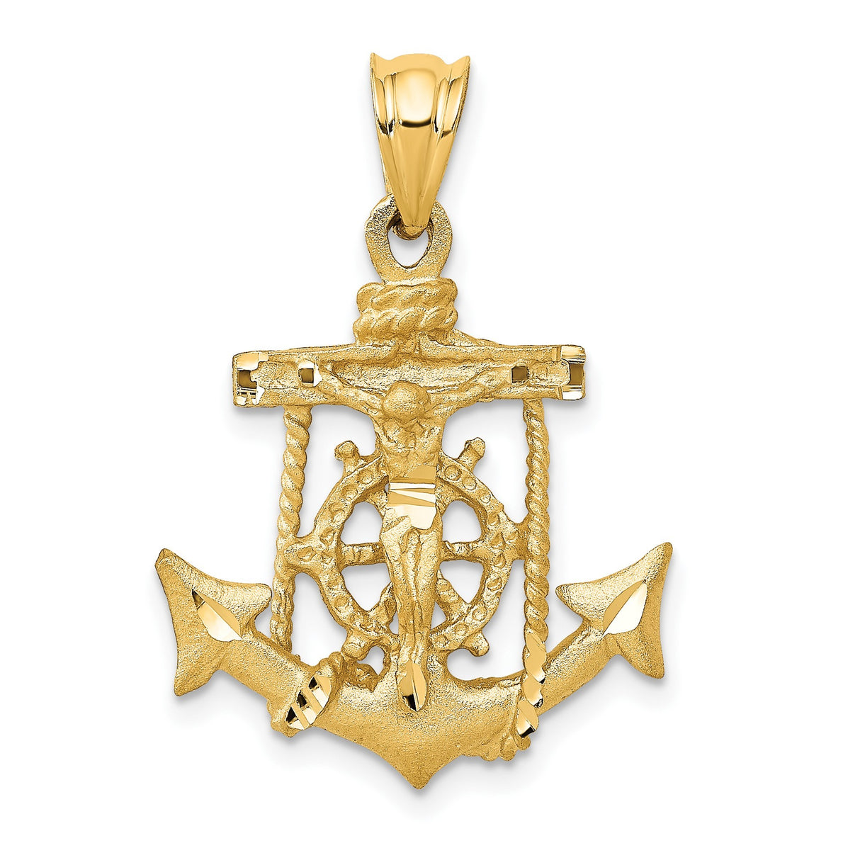 14k Yellow Gold Anchor Crucifix Pendant with Nautical Rope Detail for Men and Women