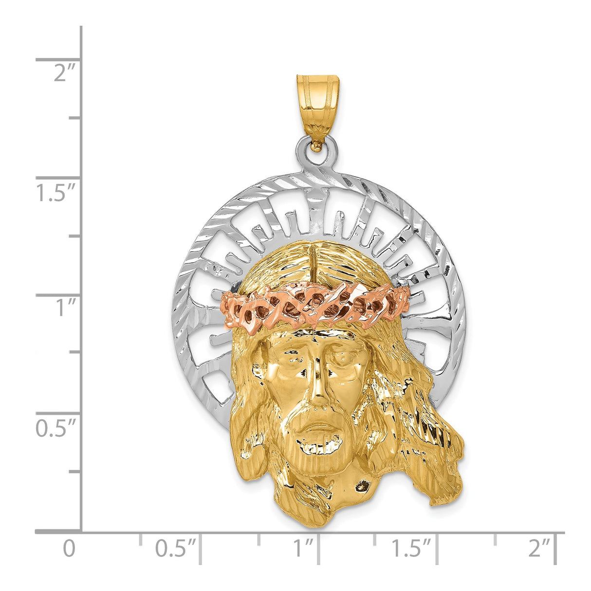 14k Tri Color Gold Jesus Head Pendant with Crown of Thorns and Halo