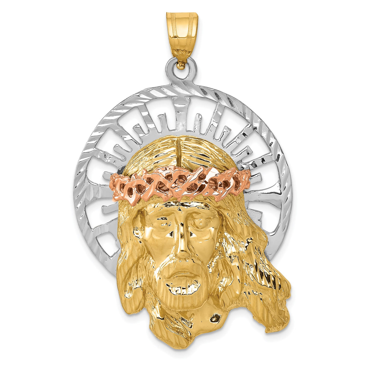 14k Tri Color Gold Jesus Head Pendant with Crown of Thorns and Halo