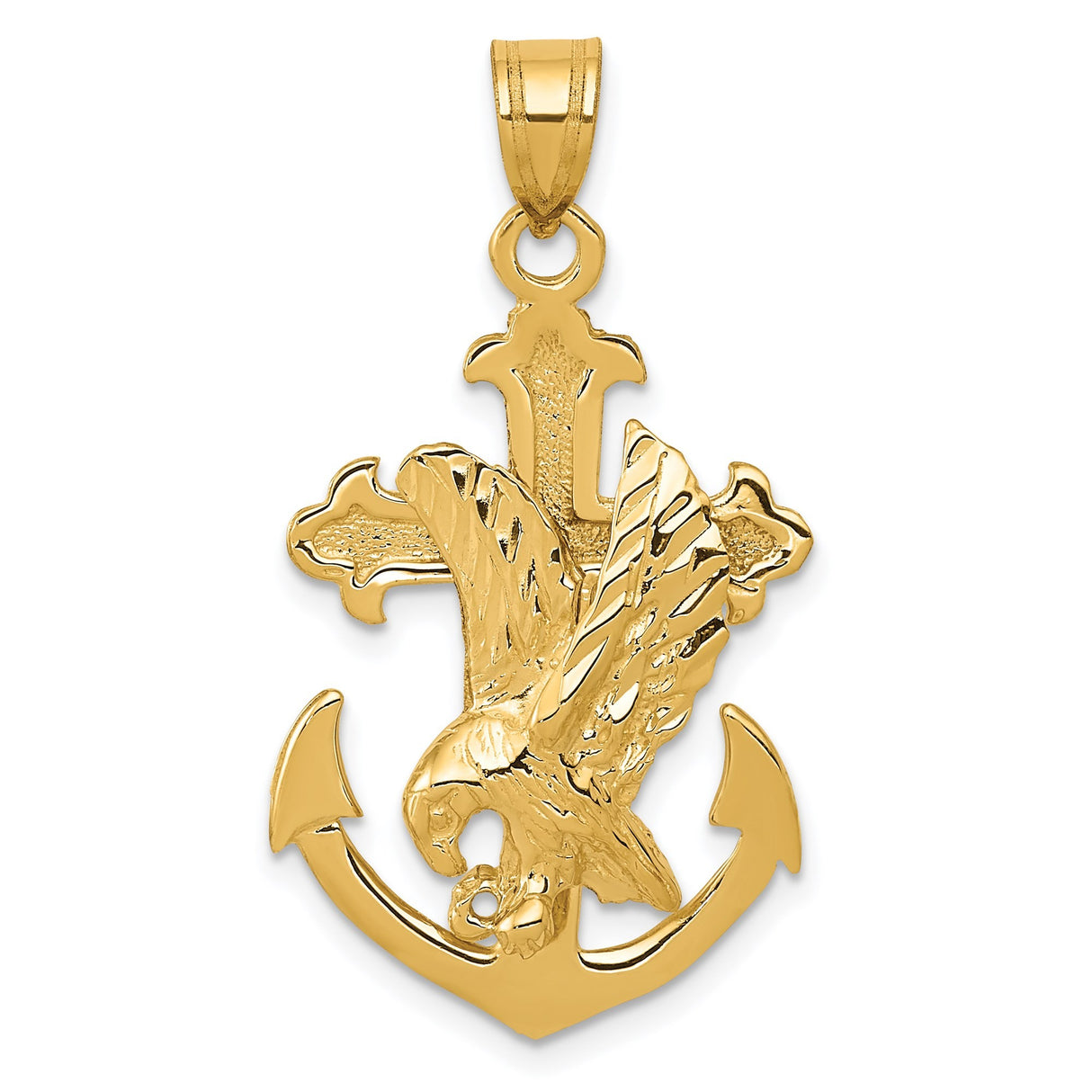 14k Yellow Gold Eagle Anchor Cross Pendant with Budded Maritime Design for Men and Women
