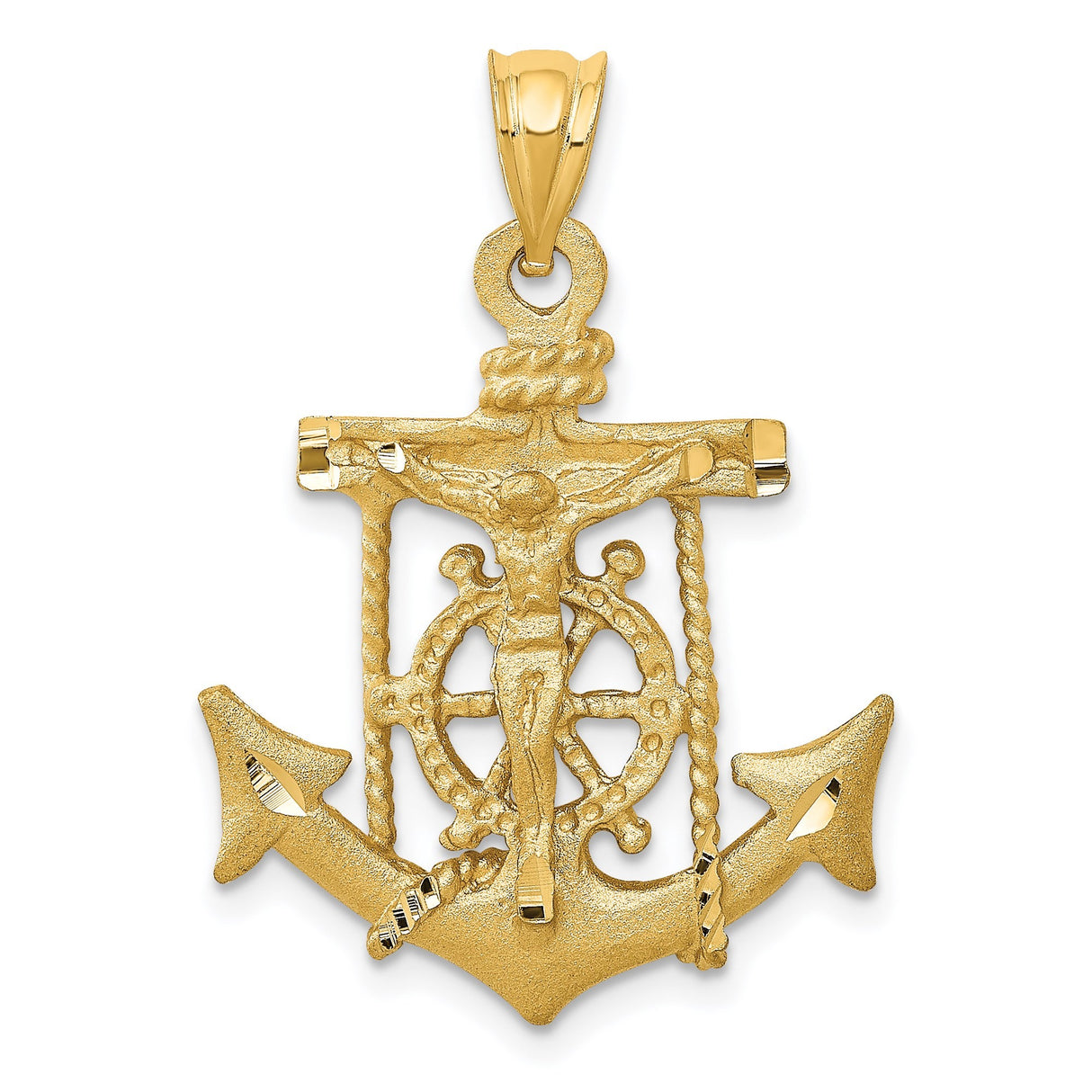 14k Yellow Gold Cross Pendant with Anchor Crucifix and Nautical Rope Design