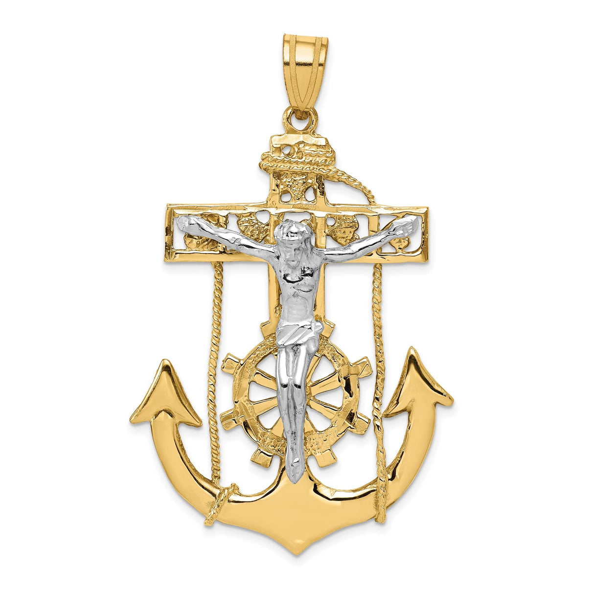 14k Two-Tone Gold Anchor Crucifix Pendant with Nautical Cross Detail for Men and Women